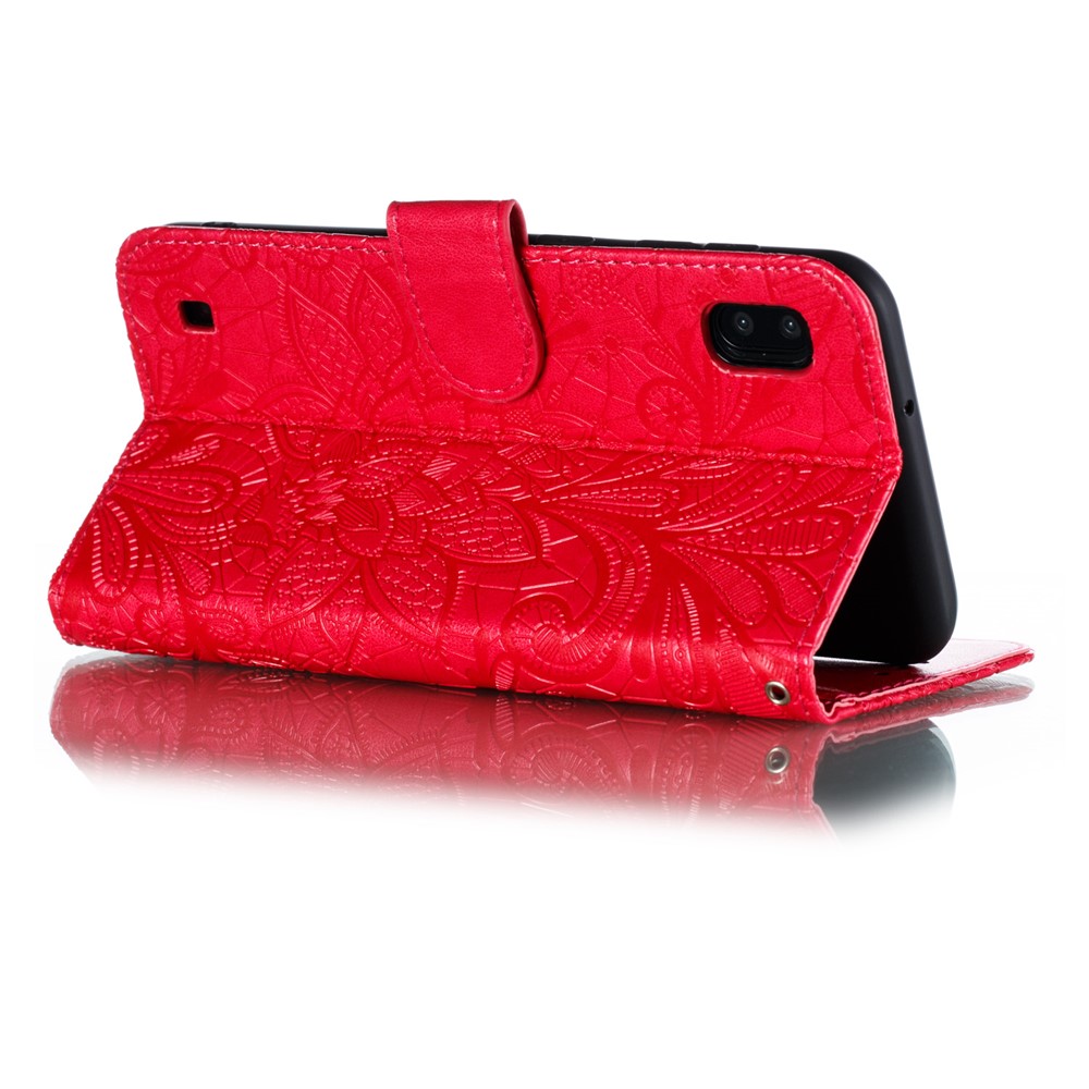 Caixa de Telefone Com Carteira de Couro Com Padrão de Flor de Renda Impressa Para Samsung Galaxy A10 - Vermelho-8