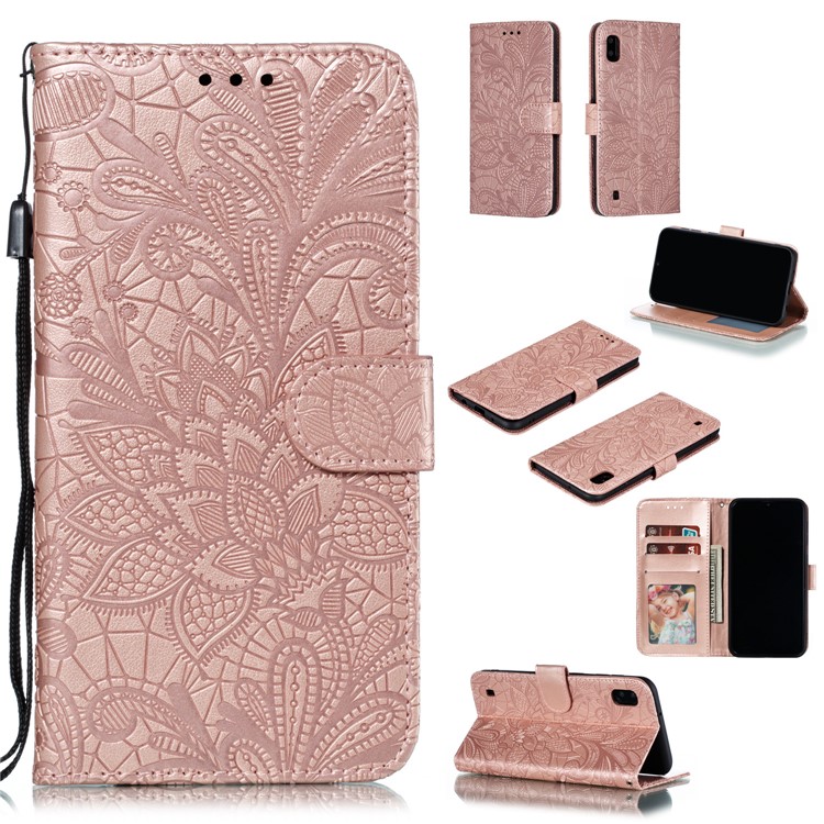 Imprinted Lace Flower Pattern Leather Wallet Stand Phone Case for Samsung Galaxy A10 - Rose Gold-1