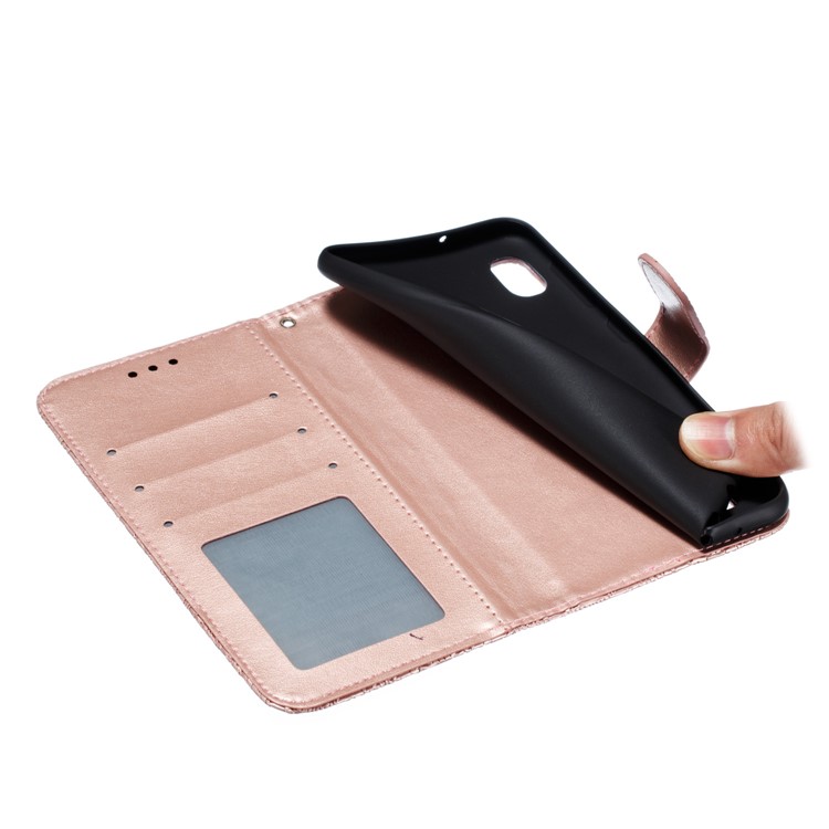 Imprinted Lace Flower Pattern Leather Wallet Stand Phone Case for Samsung Galaxy A10 - Rose Gold-10