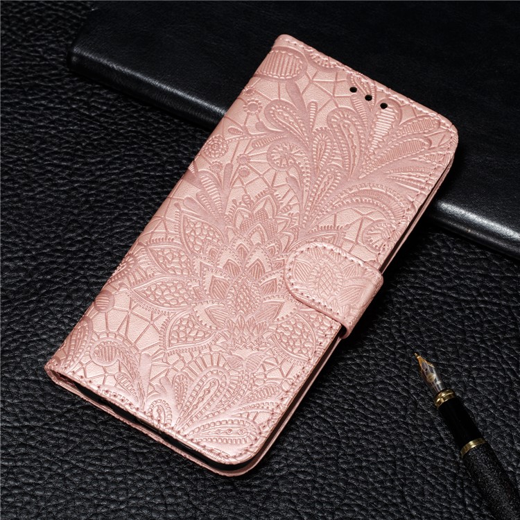 Imprinted Lace Flower Pattern Leather Wallet Stand Phone Case for Samsung Galaxy A10 - Rose Gold-11