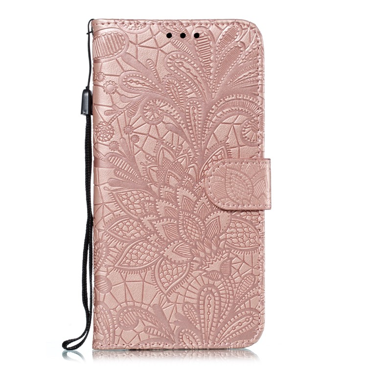 Imprinted Lace Flower Pattern Leather Wallet Stand Phone Case for Samsung Galaxy A10 - Rose Gold-2