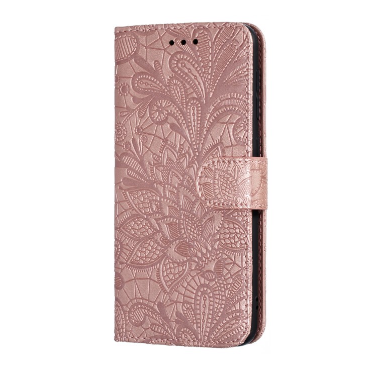 Imprinted Lace Flower Pattern Leather Wallet Stand Phone Case for Samsung Galaxy A10 - Rose Gold-3
