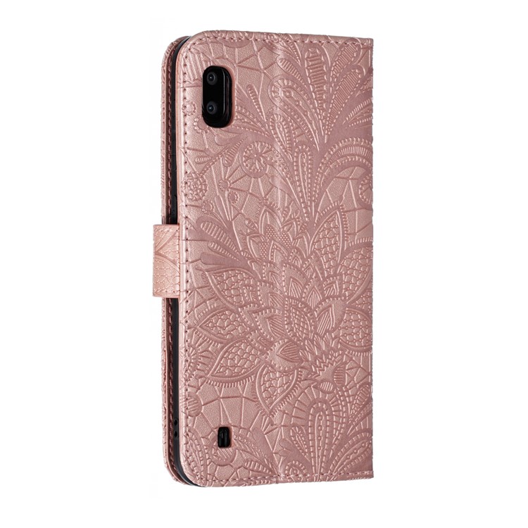 Imprinted Lace Flower Pattern Leather Wallet Stand Phone Case for Samsung Galaxy A10 - Rose Gold-4