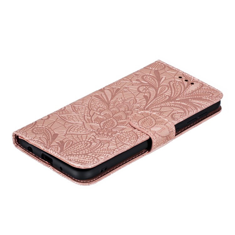 Imprinted Lace Flower Pattern Leather Wallet Stand Phone Case for Samsung Galaxy A10 - Rose Gold-5