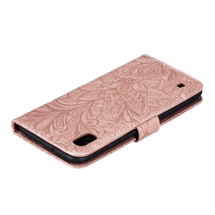 Imprinted Lace Flower Pattern Leather Wallet Stand Phone Case for Samsung Galaxy A10 - Rose Gold-6