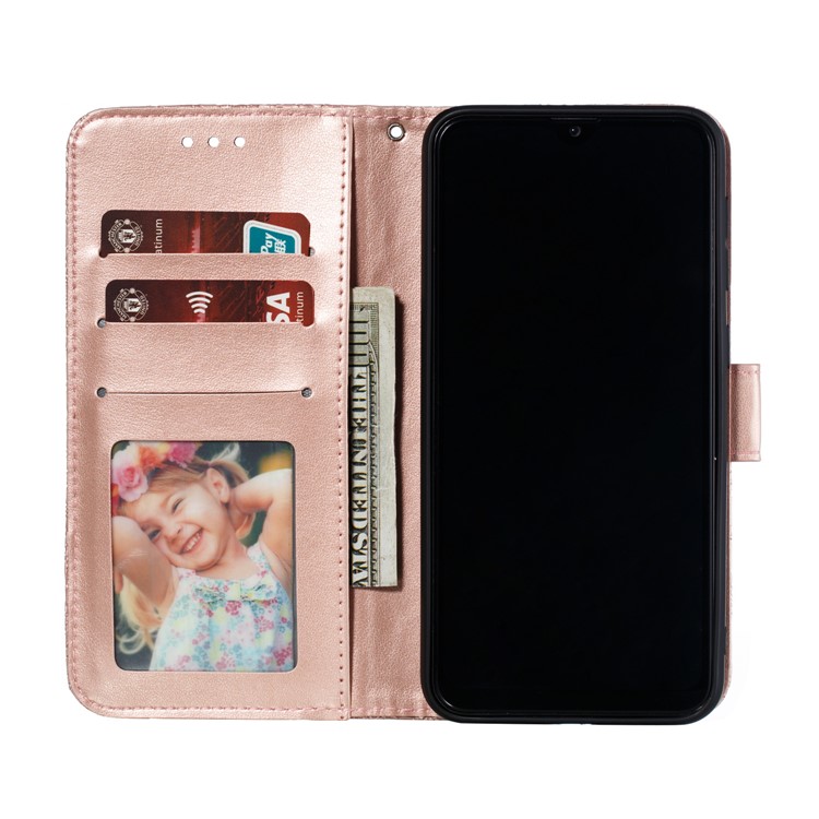 Imprinted Lace Flower Pattern Leather Wallet Stand Phone Case for Samsung Galaxy A10 - Rose Gold-7