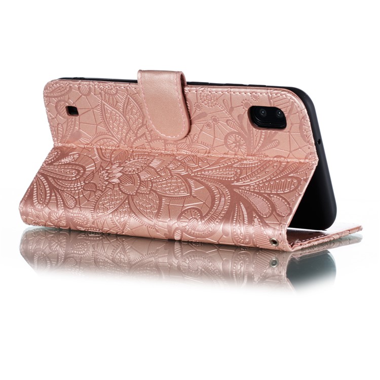 Imprinted Lace Flower Pattern Leather Wallet Stand Phone Case for Samsung Galaxy A10 - Rose Gold-8
