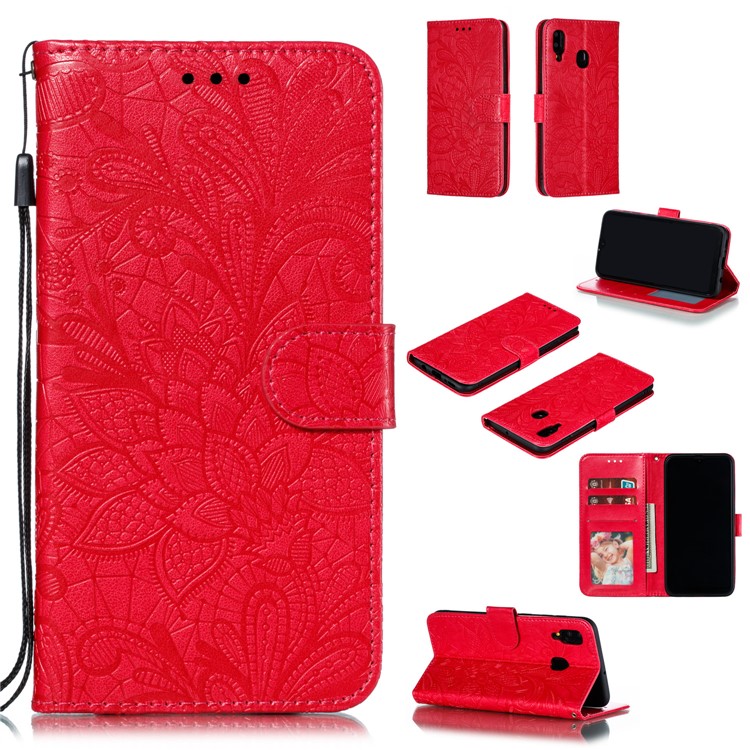 Imprint Lace Flower Leather Wallet Case for Samsung Galaxy A20/A30 - Red-1