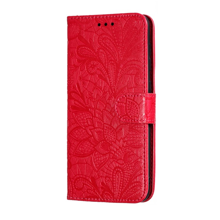 Imprint Lace Flower Leather Wallet Case for Samsung Galaxy A20/A30 - Red-3