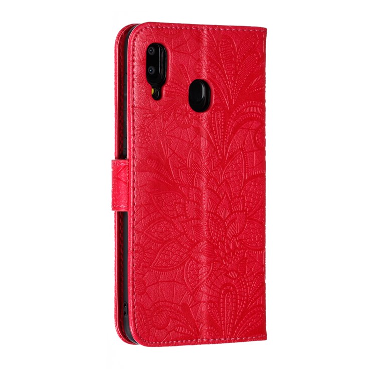 Imprint Lace Flower Leather Wallet Case for Samsung Galaxy A20/A30 - Red-4