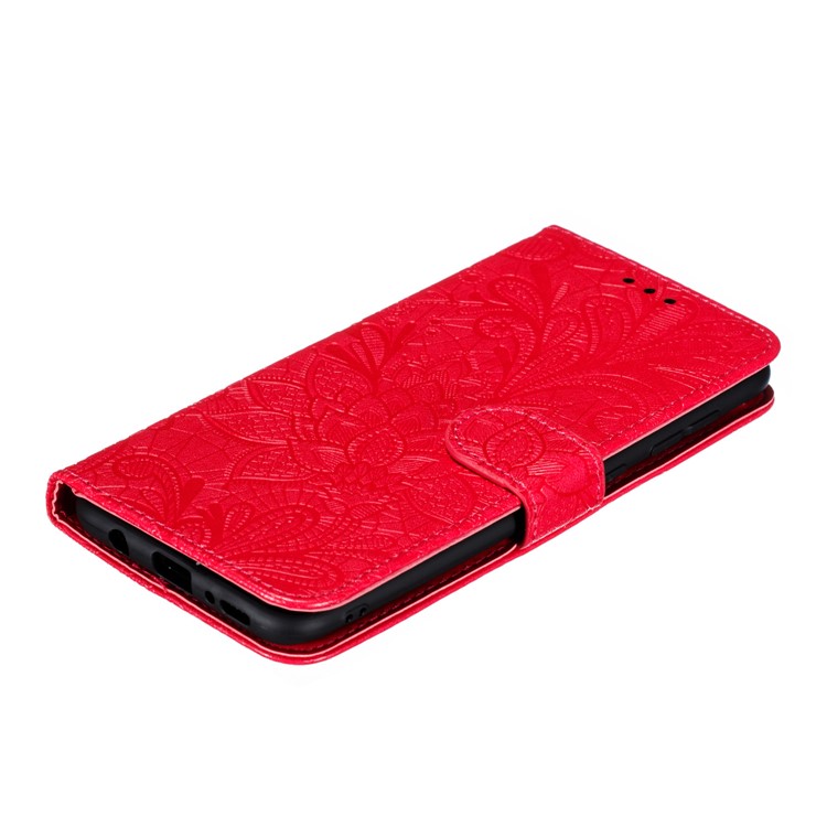 Imprint Lace Flower Leather Wallet Case for Samsung Galaxy A20/A30 - Red-5