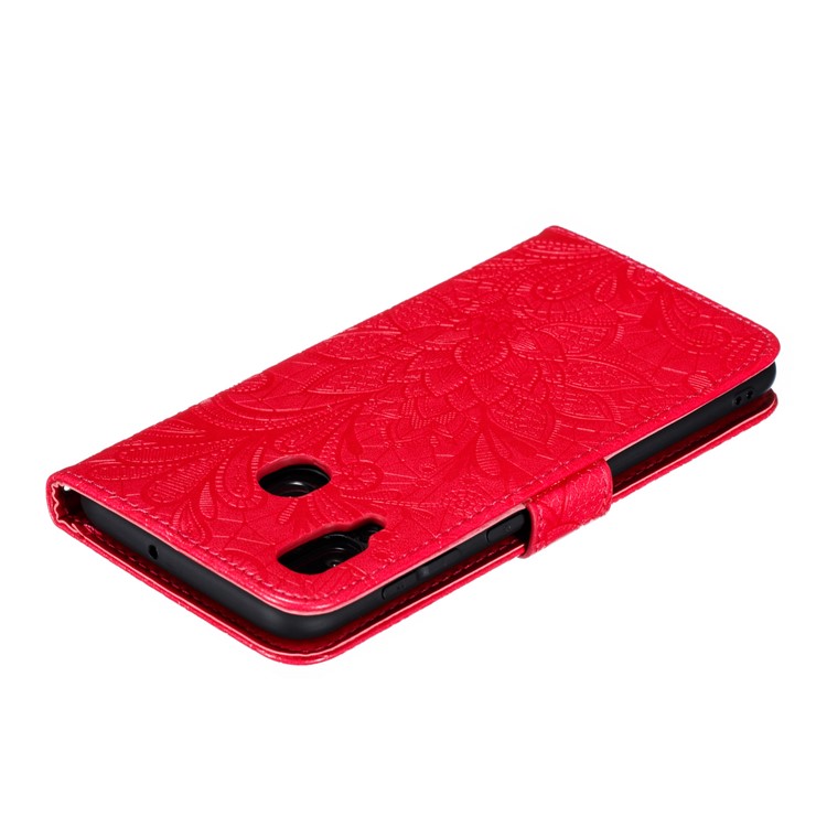 Imprint Lace Flower Leather Wallet Case for Samsung Galaxy A20/A30 - Red-6