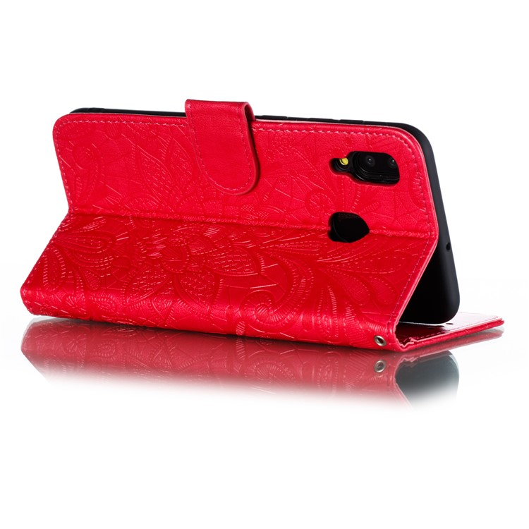 Imprint Lace Flower Leather Wallet Case for Samsung Galaxy A20/A30 - Red-8