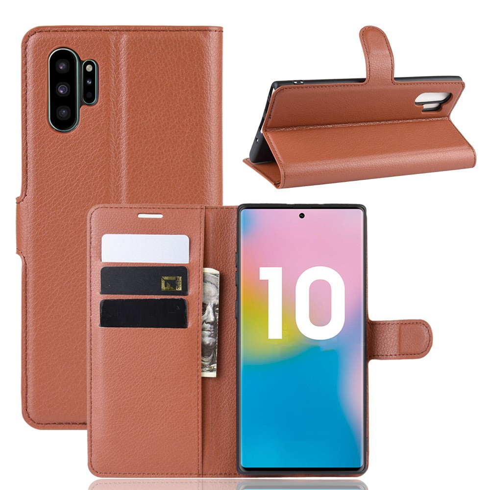 Litschi Textur Brieftasche Leder Handyhülle Für Samsung Galaxy Note 10 Pro - Braun-1