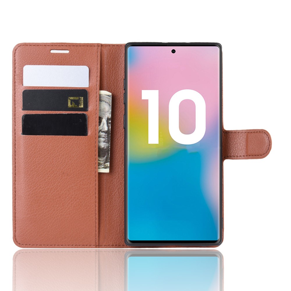 Litschi Textur Brieftasche Leder Handyhülle Für Samsung Galaxy Note 10 Pro - Braun-4