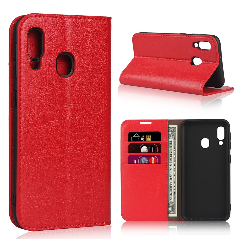 Crazy Horse Texture Genuine Leather Wallet Phone Case for Samsung Galaxy A20e - Red-1