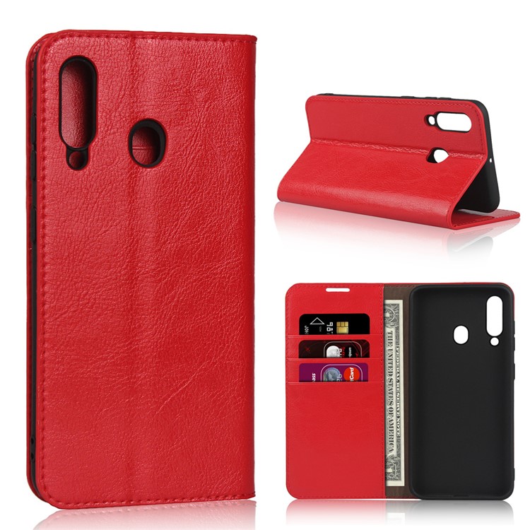 Coquille De Portefeuille En Cuir Véritable Pour Cheval Fou Pour Samsung Galaxy A60 - Rouge-1