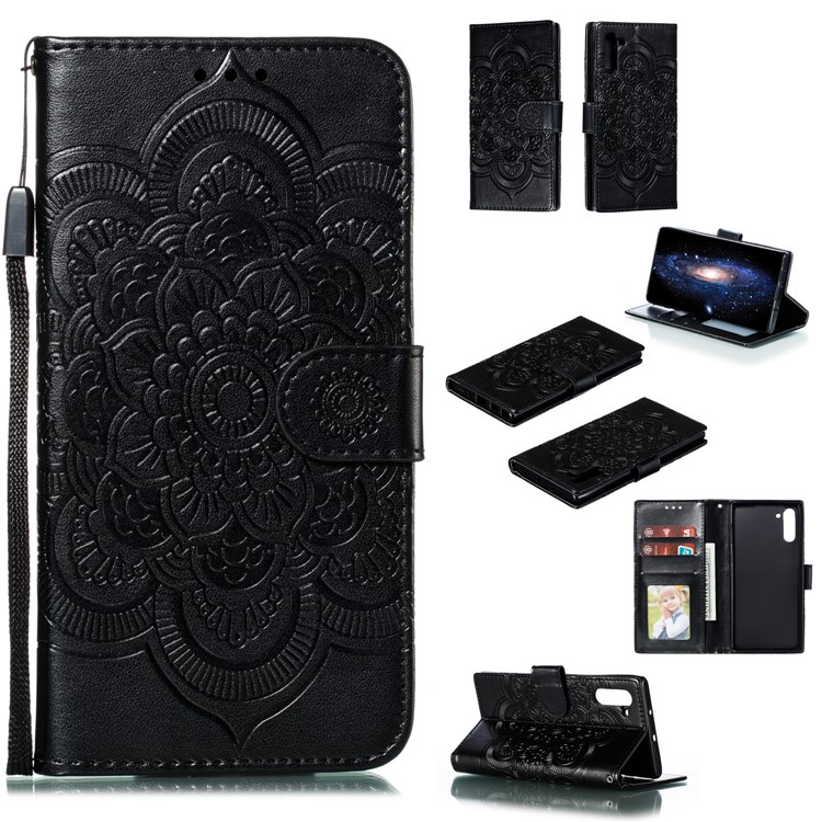 Imprint Mandala Stylish Flower Leather Wallet Shell Case for Samsung Galaxy Note 10 - Black-1