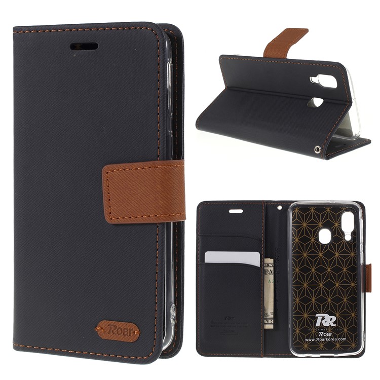 ROAR Twill Grain PU Leather Wallet Cell Phone Cover for Samsung Galaxy A40 - Black-1