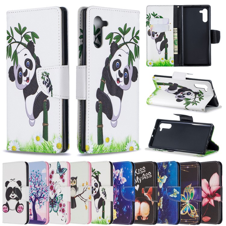 Pattern Printing Leather Wallet Phone Shell for Samsung Galaxy Note 10 - Panda Climbing Tree-9