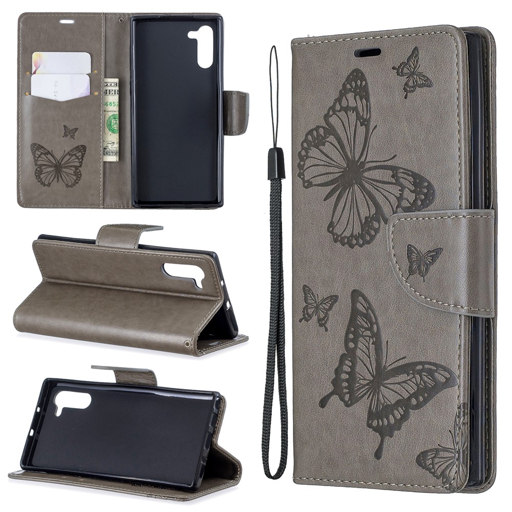 Etui Portefeuille En Cuir Avec Papillon Pour Samsung Galaxy Note 10 - Gris-1