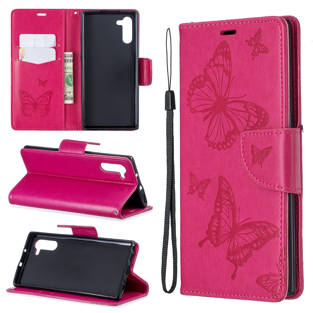 Etui Portefeuille En Cuir Avec Papillon Pour Samsung Galaxy Note 10 - Rose-1