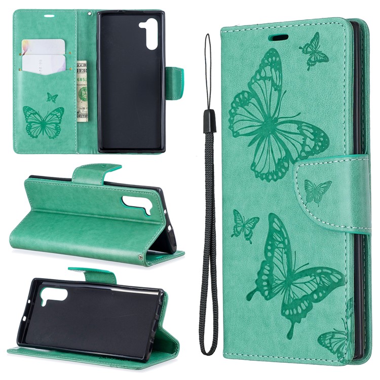 Etui Portefeuille En Cuir Avec Papillon Pour Samsung Galaxy Note 10 - Vert-1