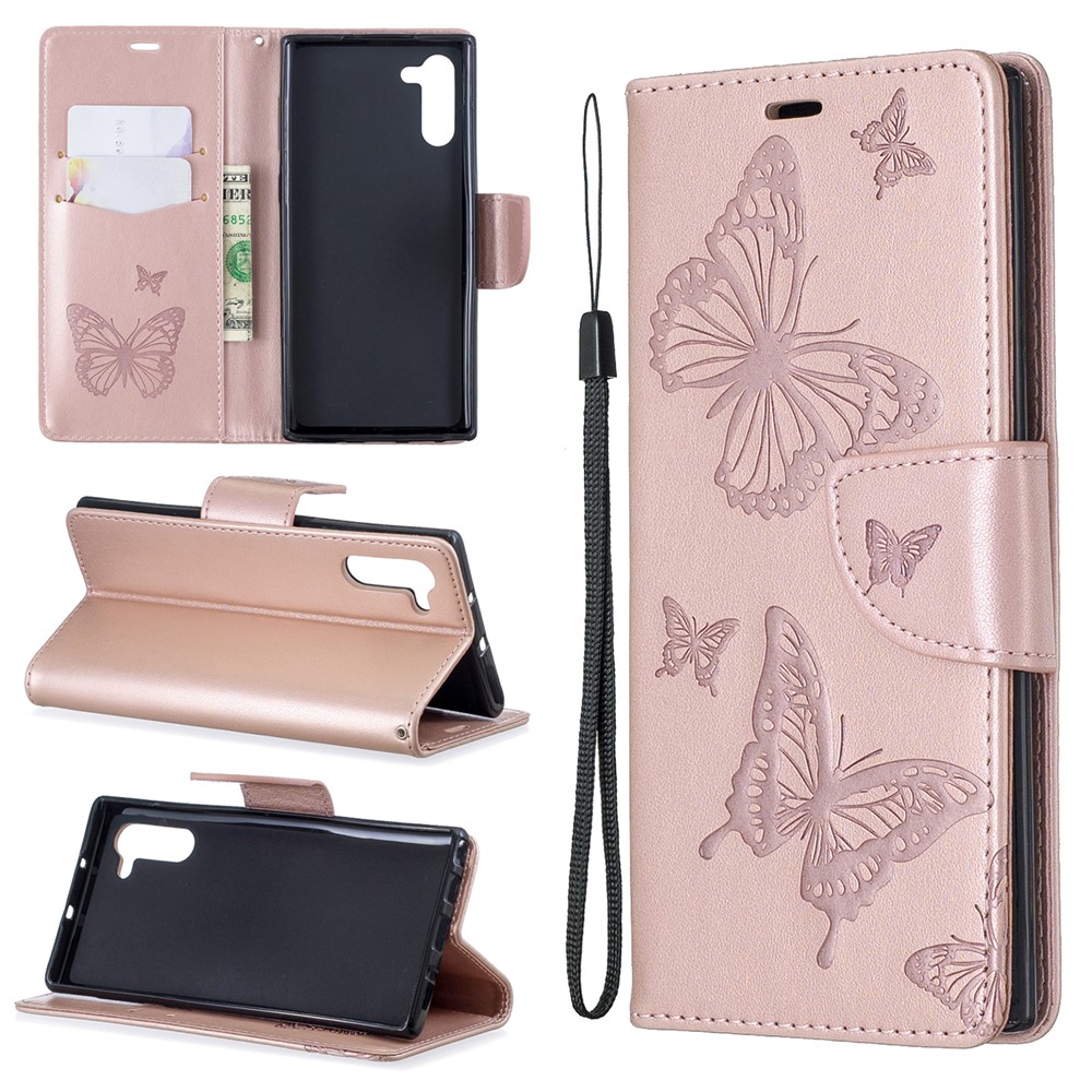 Etui Portefeuille En Cuir Avec Papillon Pour Samsung Galaxy Note 10 - Or Rose-1