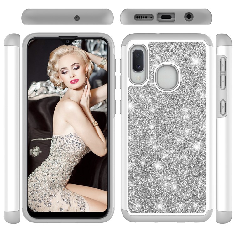 Shiny Glittery PC Back + TPU Frame Phone Shell for Samsung Galaxy A20e / Galaxy A10e - Silver-5