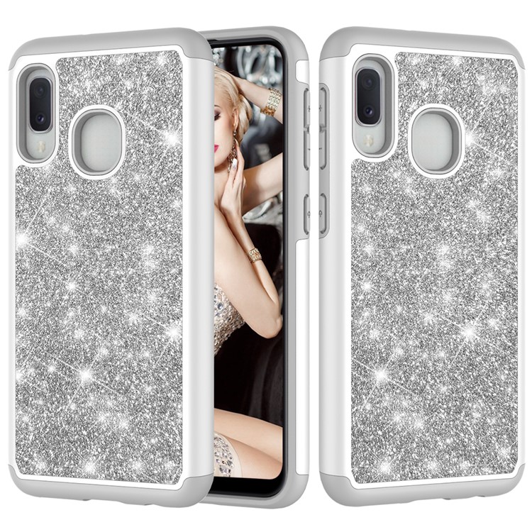 Shiny Glittery PC Back + TPU Frame Phone Shell for Samsung Galaxy A20e / Galaxy A10e - Silver-6