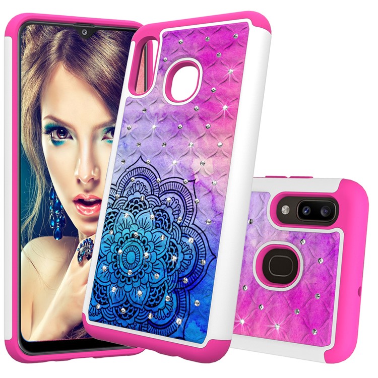 

[Rhinestone Decor] Patterned PC TPU Phone Shell for Samsung Galaxy A20 / Galaxy A30 - Mandala Flower, Galaxy A20