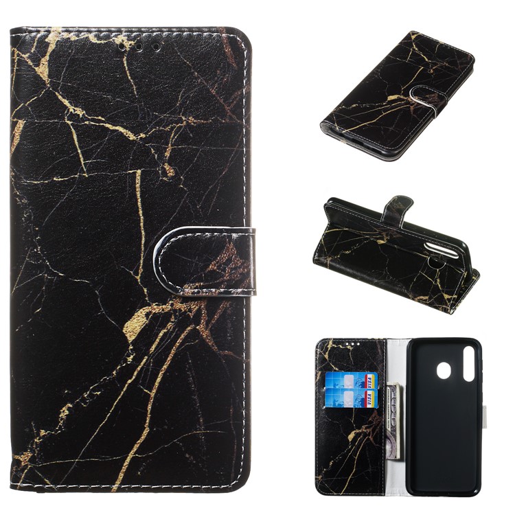 Marble Pattern Printing Leather Wallet Stand Protective Case for Samsung Galaxy M30 / A40s - Black / Marble-1