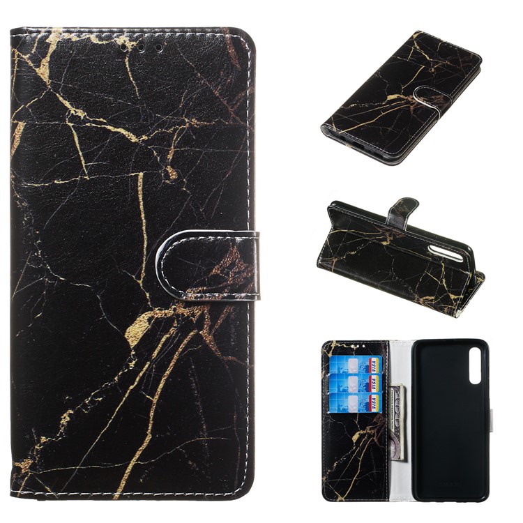 Pattern Printing Leather Wallet Stand Protective Case for Samsung Galaxy A70 - Black / Marble-1