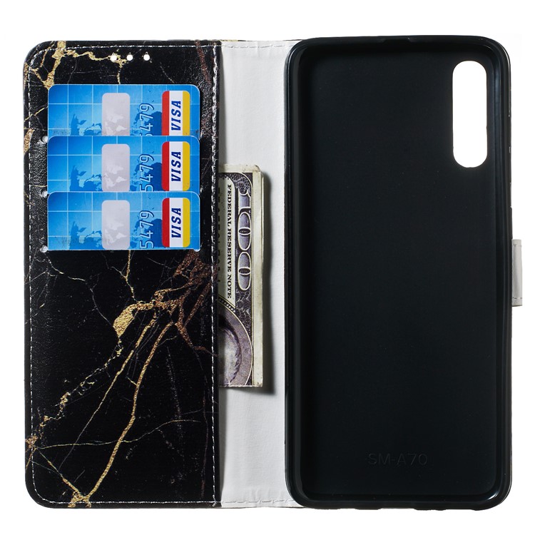 Pattern Printing Leather Wallet Stand Protective Case for Samsung Galaxy A70 - Black / Marble-4