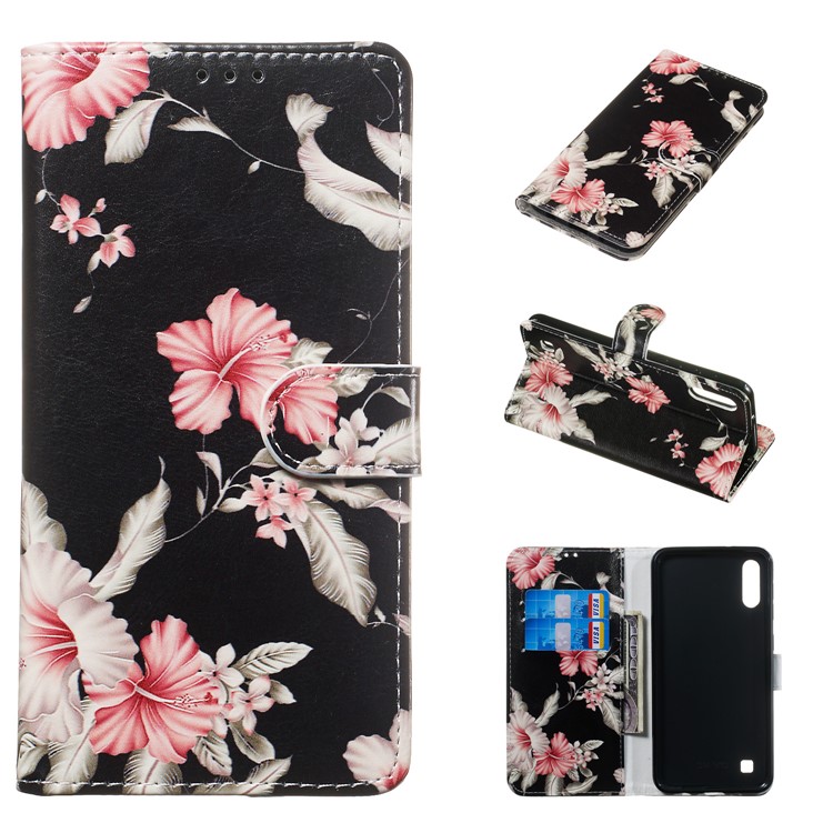 Custodia In Pelle Stampa Modello In Marmo Custodia Protettiva Per Samsung Galaxy A10 / M10 - Nero / Fiori-1