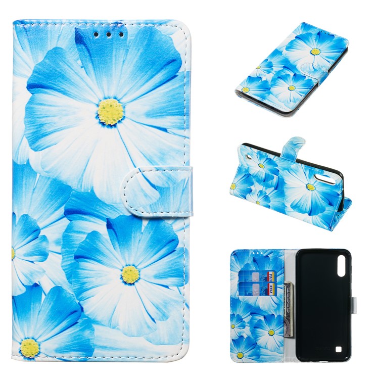 Marble Pattern Printing Leather Wallet Stand Protective Case for Samsung Galaxy A10 / M10 - Blue Flowers-1