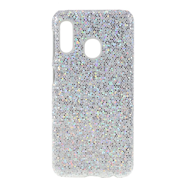 PU Leather Coated PC Hard Protective Back Casing for Samsung Galaxy A20e - Silver Glittery Sequins-1