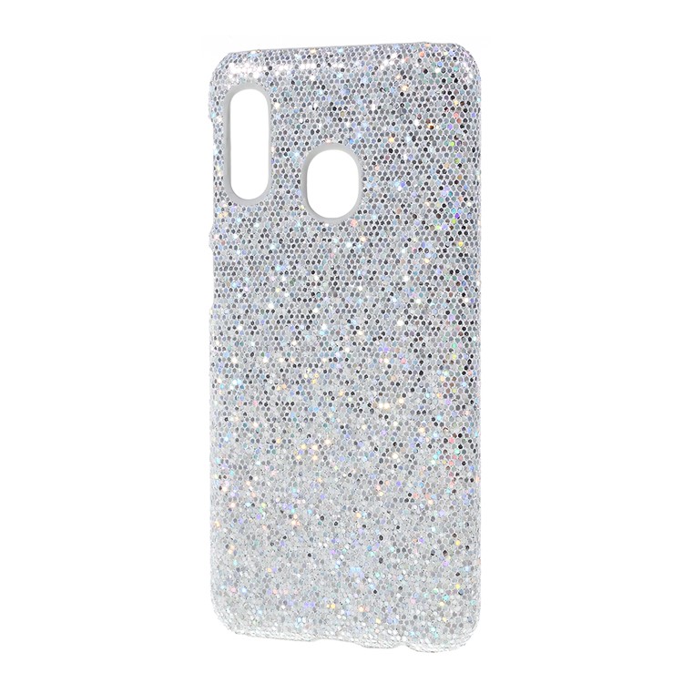 PU Leather Coated PC Hard Protective Back Casing for Samsung Galaxy A20e - Silver Glittery Sequins-2