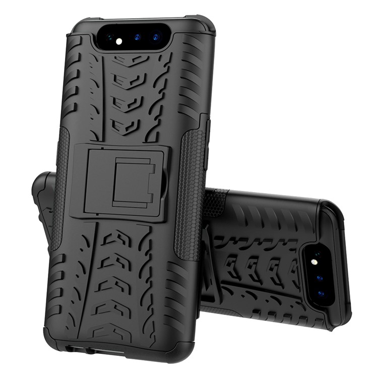 Patrón de Neumáticos PC TPU TPU Teléfono Cubierta Con Kickstand Para Samsung Galaxy A80/A90 - Negro-2