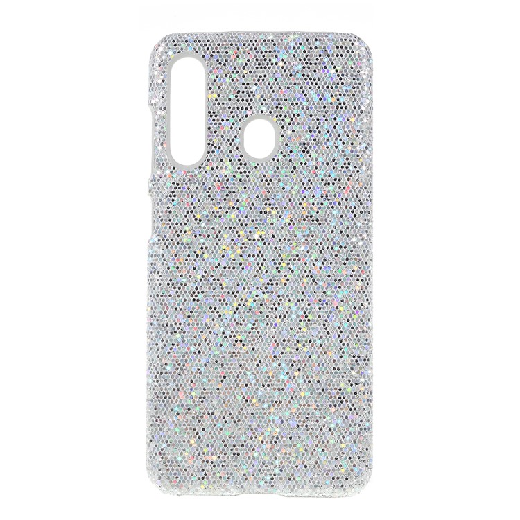 PU Leather Coated PC Hard Phone Cover for Samsung Galaxy A60 - Silver Glittery Sequins-1