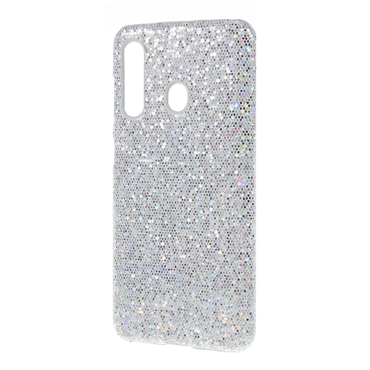 PU Leather Coated PC Hard Phone Cover for Samsung Galaxy A60 - Silver Glittery Sequins-2
