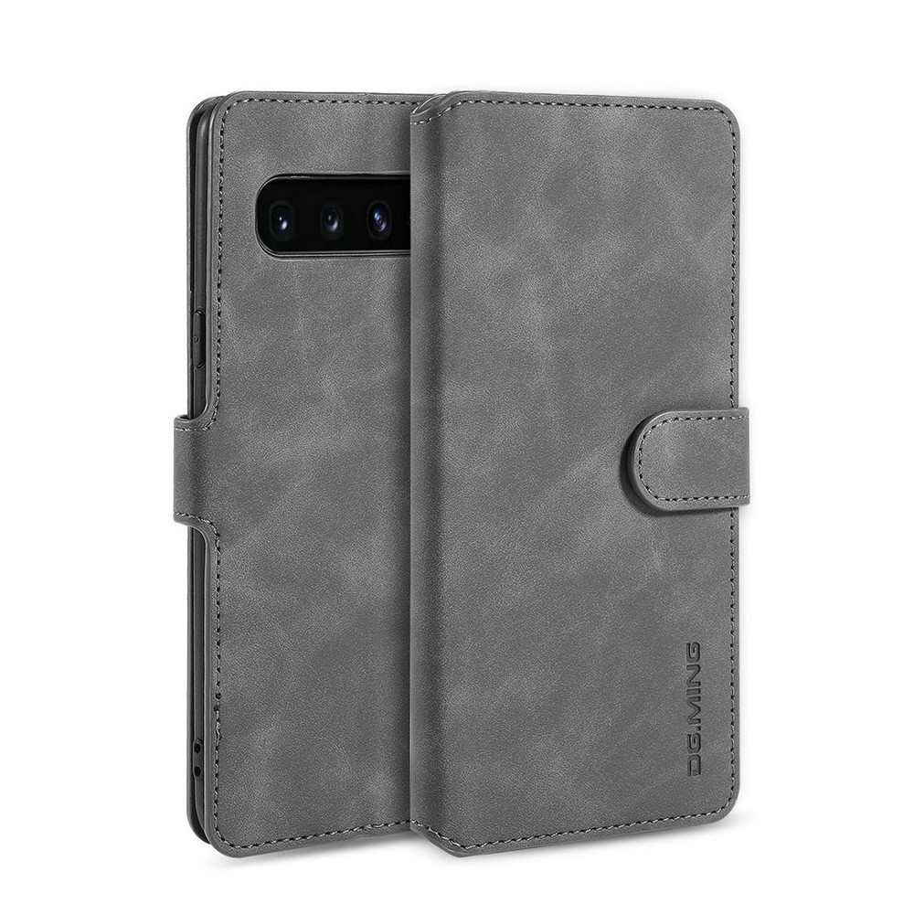 DG.MING Retro Style Leather Wallet Stand Shell Covering Case for Samsung Galaxy S10 5G - Grey
