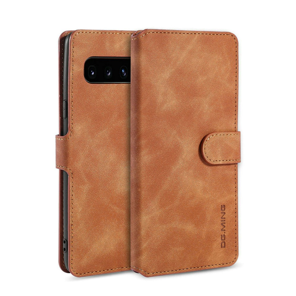 DG.MING Retro Style Leather Wallet Stand Shell Covering Case for Samsung Galaxy S10 5G - Brown
