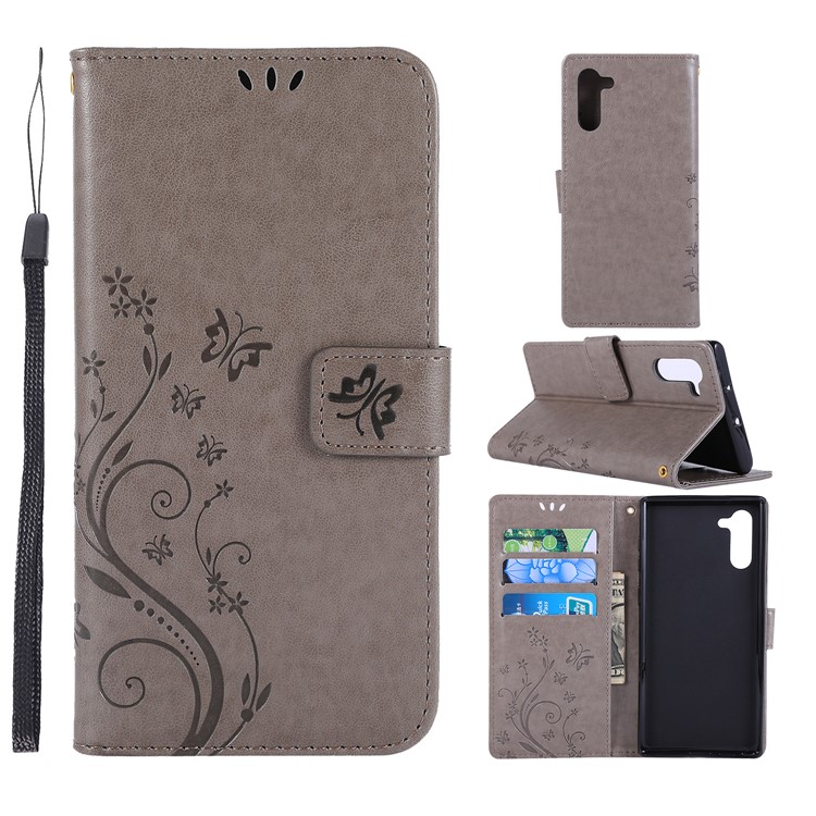 Imprint Butterfly Flowers Leather Cell Phone Case for Huawei Honor Note 10 - Grey-1