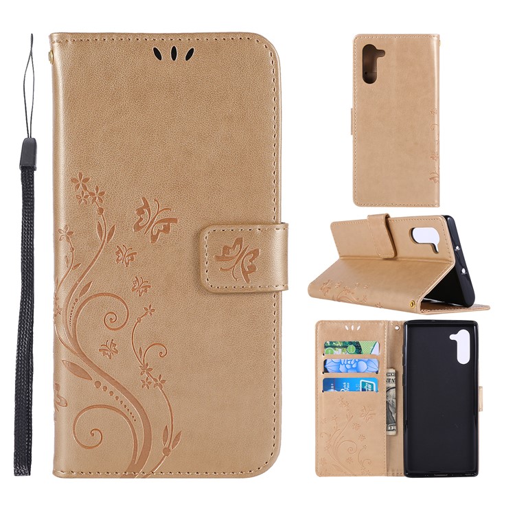 Imprint Butterfly Flowers Leather Cell Phone Case for Huawei Honor Note 10 - Gold-1