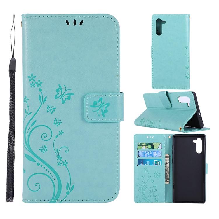 Imprint Butterfly Flowers Leather Cell Phone Case for Huawei Honor Note 10 - Cyan-1