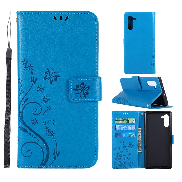 Imprint Butterfly Flowers Leather Cell Phone Case for Huawei Honor Note 10 - Blue-1