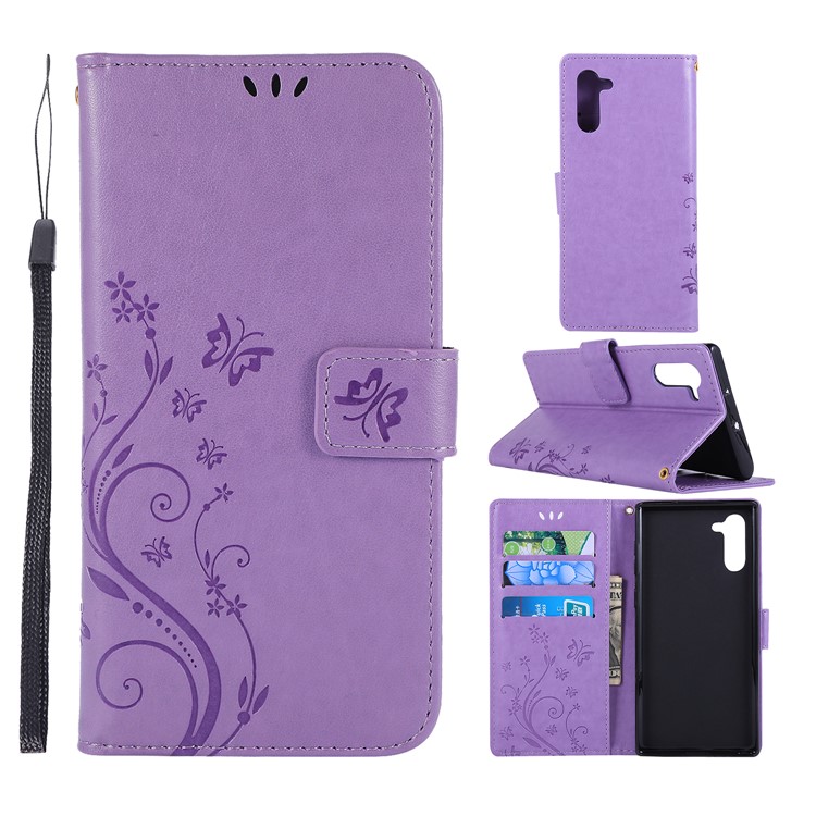 Imprint Butterfly Flowers Leather Cell Phone Case for Huawei Honor Note 10 - Light Purple-1