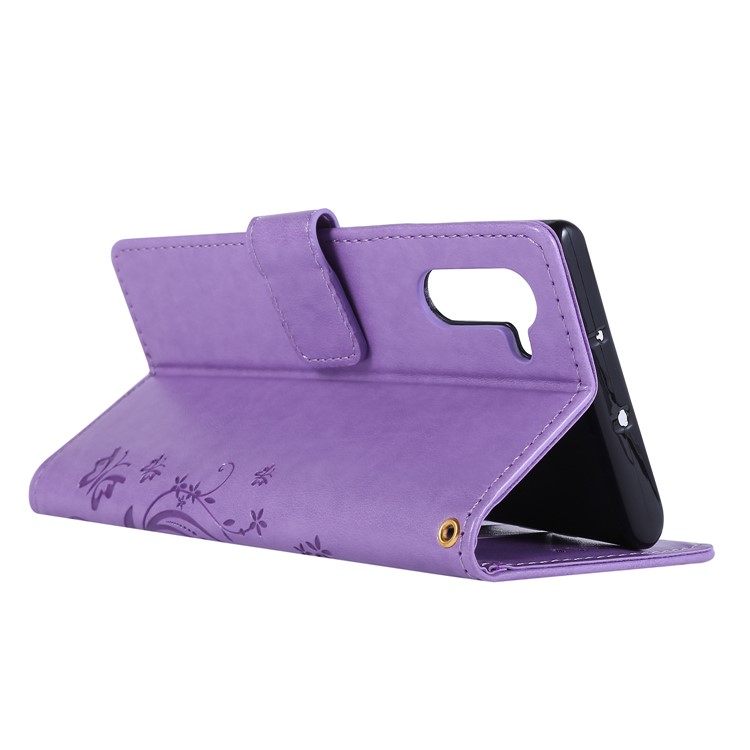 Imprint Butterfly Flowers Leather Cell Phone Case for Huawei Honor Note 10 - Light Purple-4