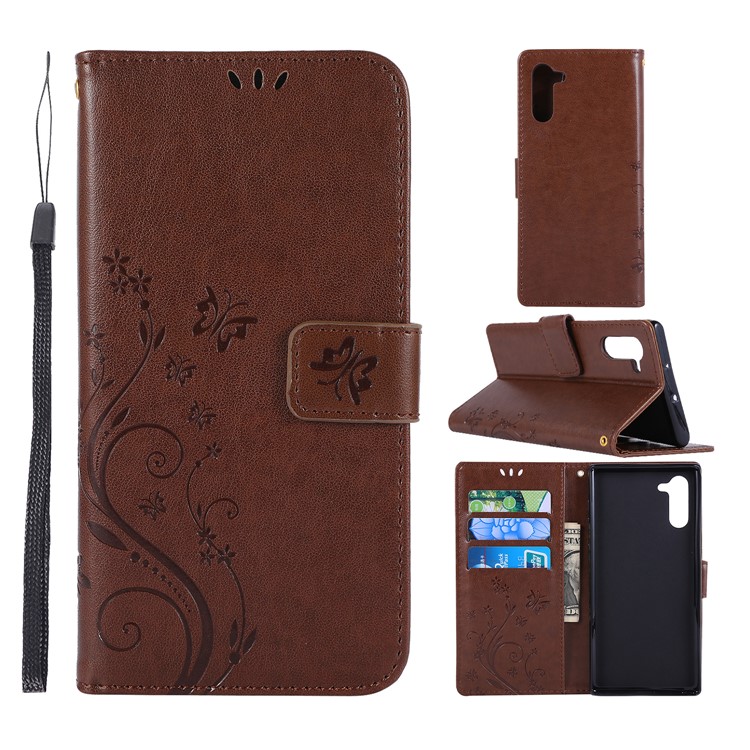 Imprint Butterfly Flowers Leather Cell Phone Case for Huawei Honor Note 10 - Brown-1